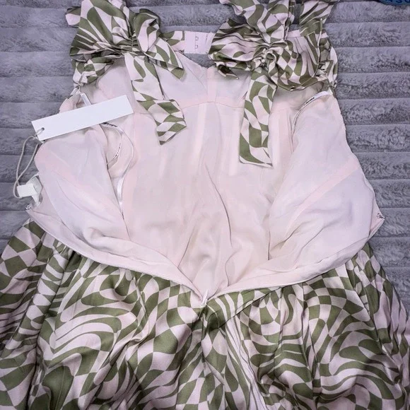 For Love & Lemons Dress Women's Small Green Mini Bow Straps Boned FIt & Flare‎